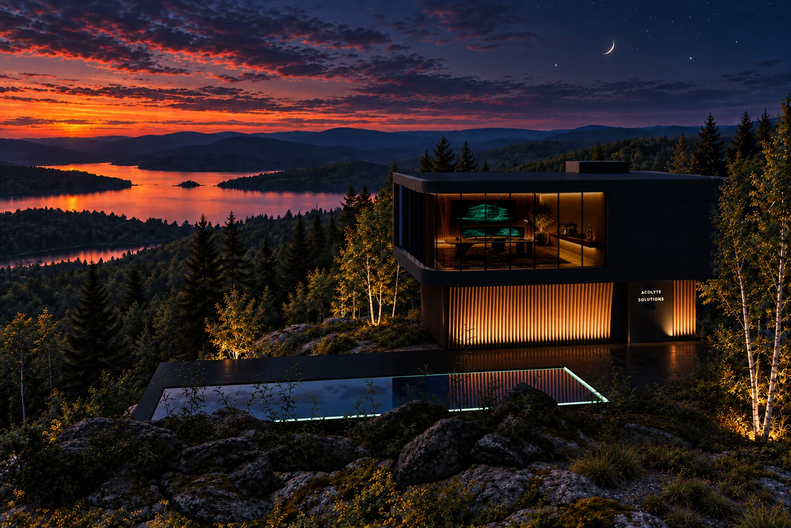 Le studio Acolyte Solutions terminé, au coucher du soleil, au-dessus d'un lac des Cantons-de-l'Est